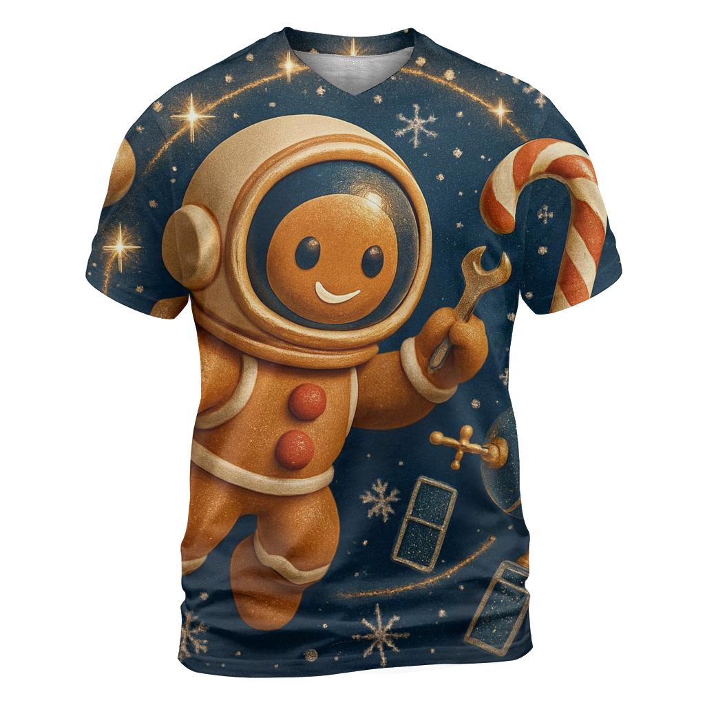 Gingerbread Astronaut Repairing A Candy Cane Satellite statement graphic shirts
