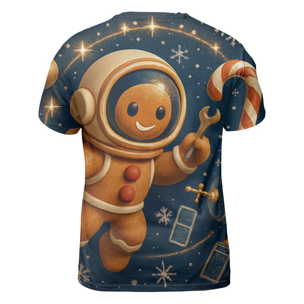 Gingerbread Astronaut Repairing A Candy Cane Satellite statement graphic shirts