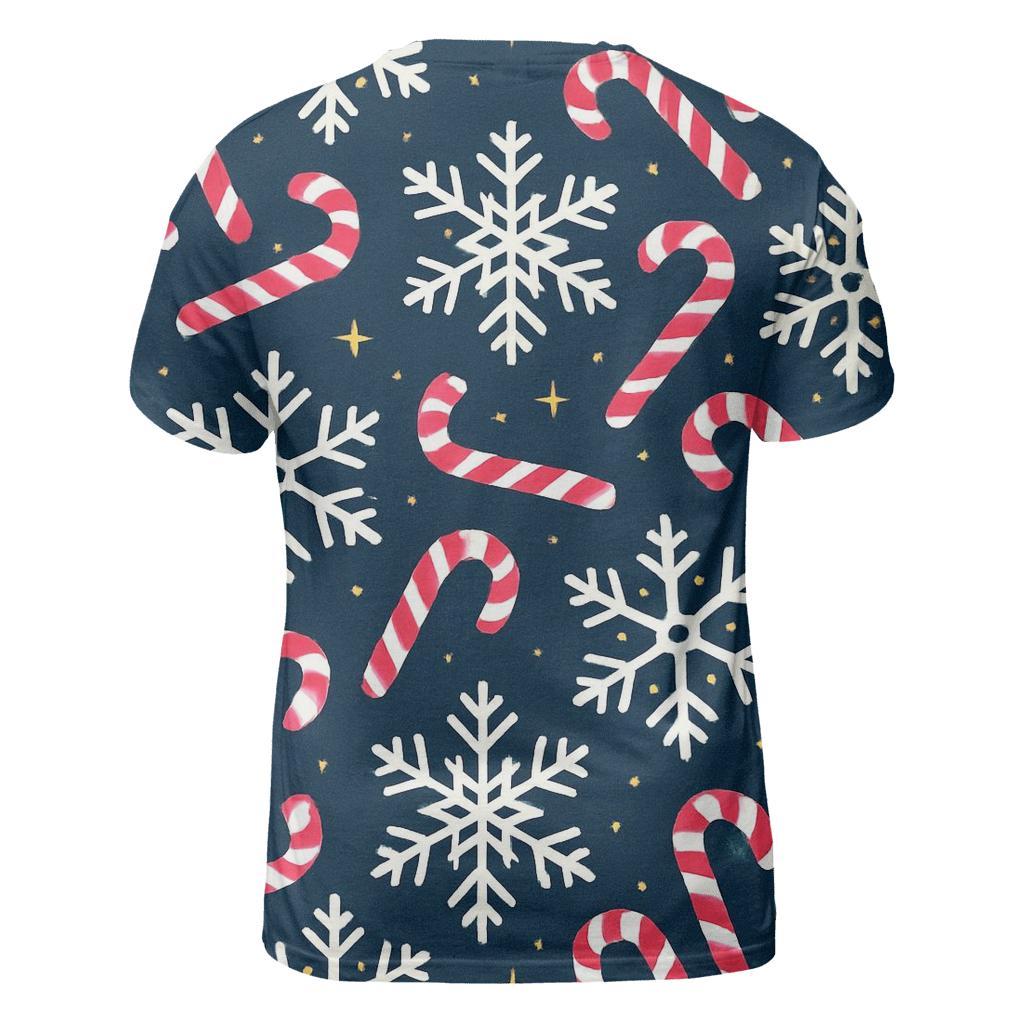 Crimson Candy Cane Snowflake Tessellation On Navy Background designer pattern shirts