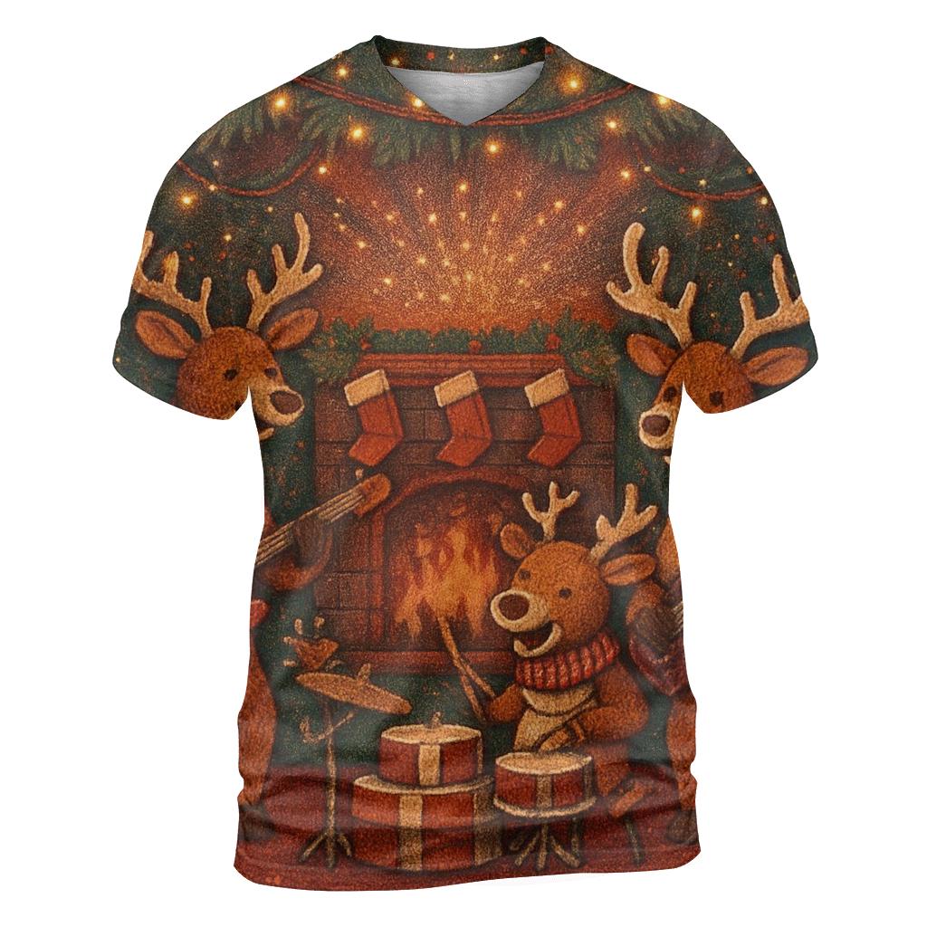 Reindeer Rock Band At The Fireplace Stage creative print fashion shirts