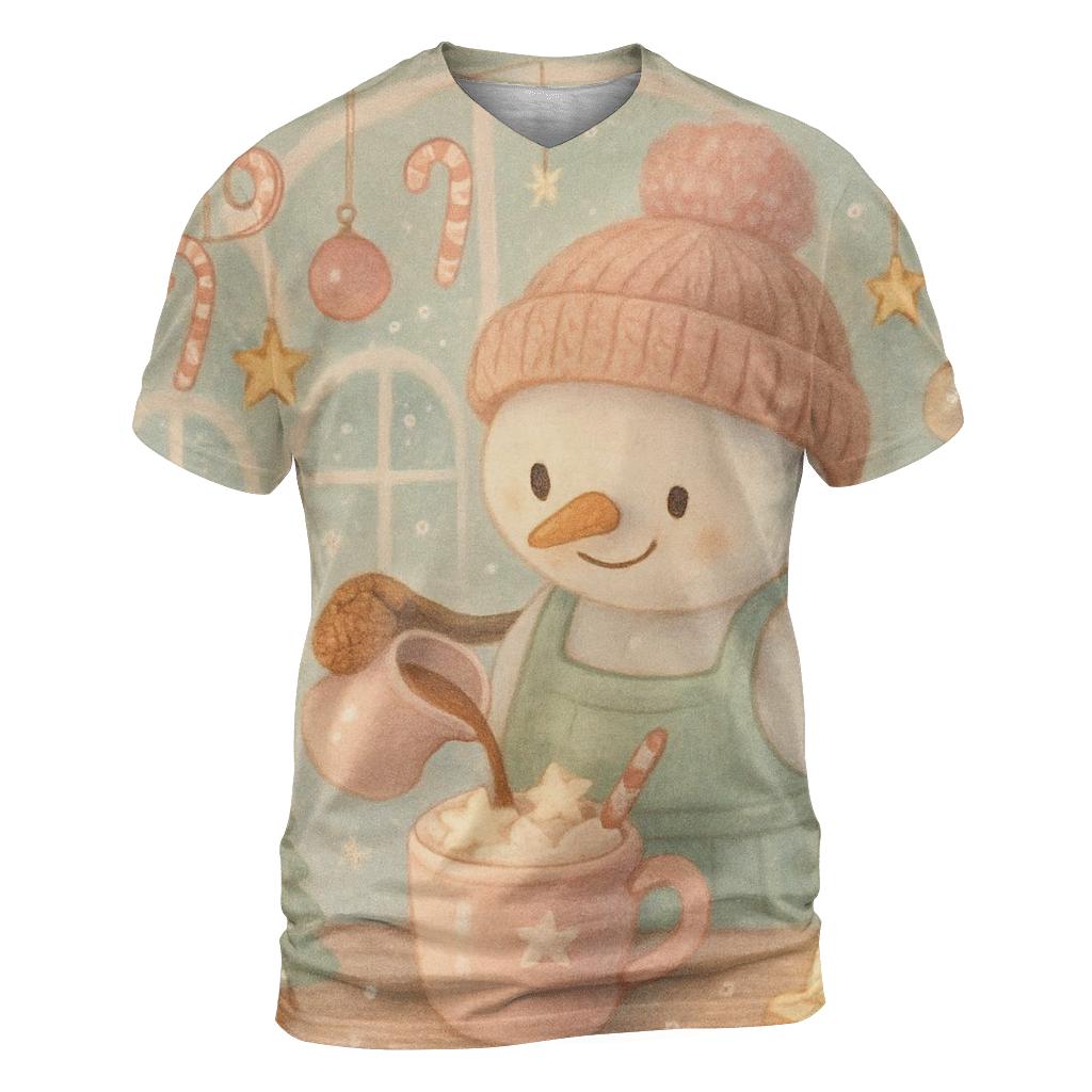 Snowman Barista Serving Cocoa In A Snow Globe Cafe artistic all-over print tops