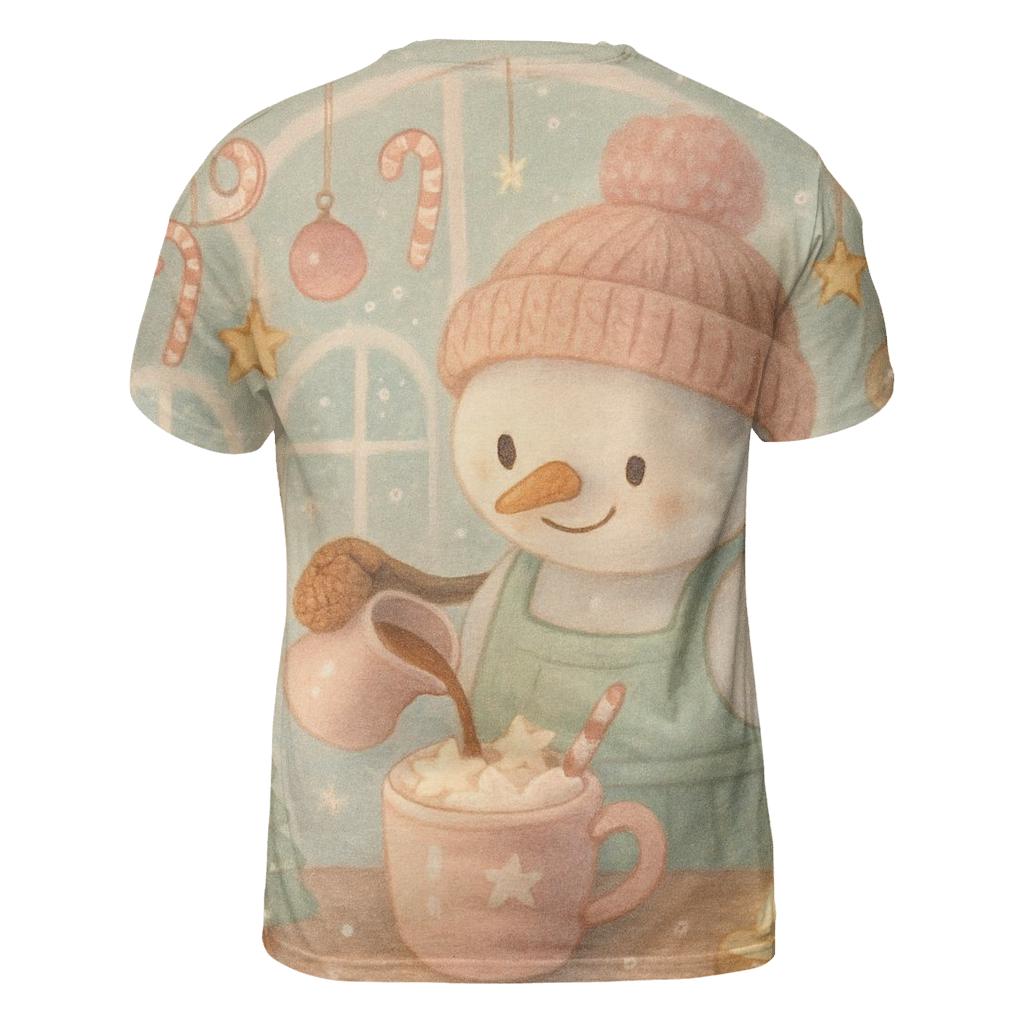 Snowman Barista Serving Cocoa In A Snow Globe Cafe artistic all-over print tops