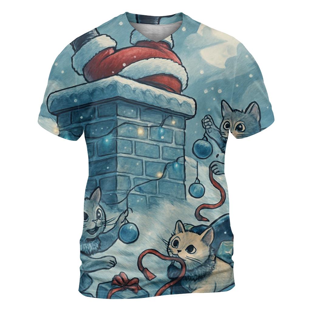 Santa Stuck In Chimney With Mischievous Christmas Cats trendy printed shirt styles