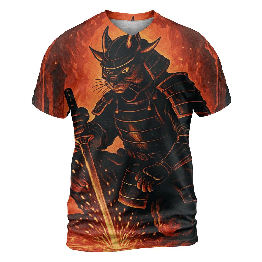 Volcanic Sunforge Samurai Cat statement graphic shirts