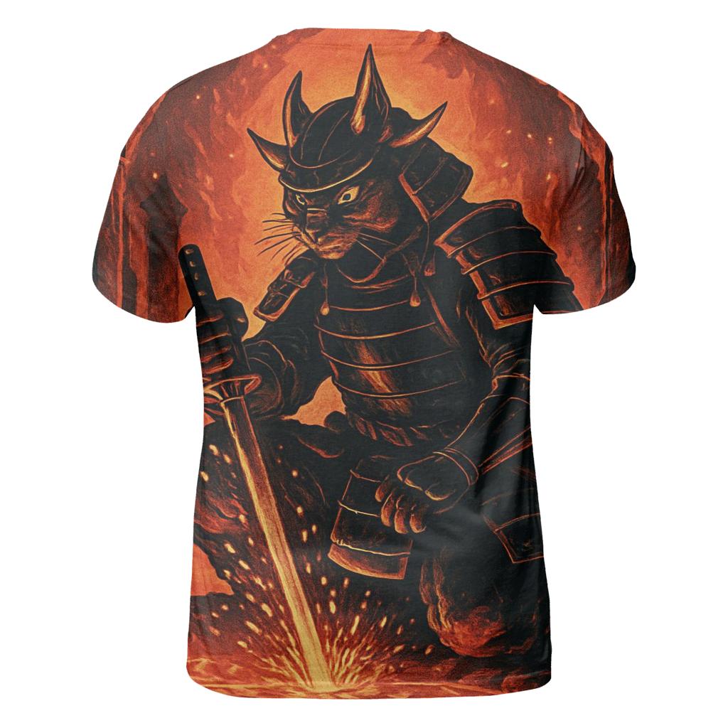Volcanic Sunforge Samurai Cat statement graphic shirts