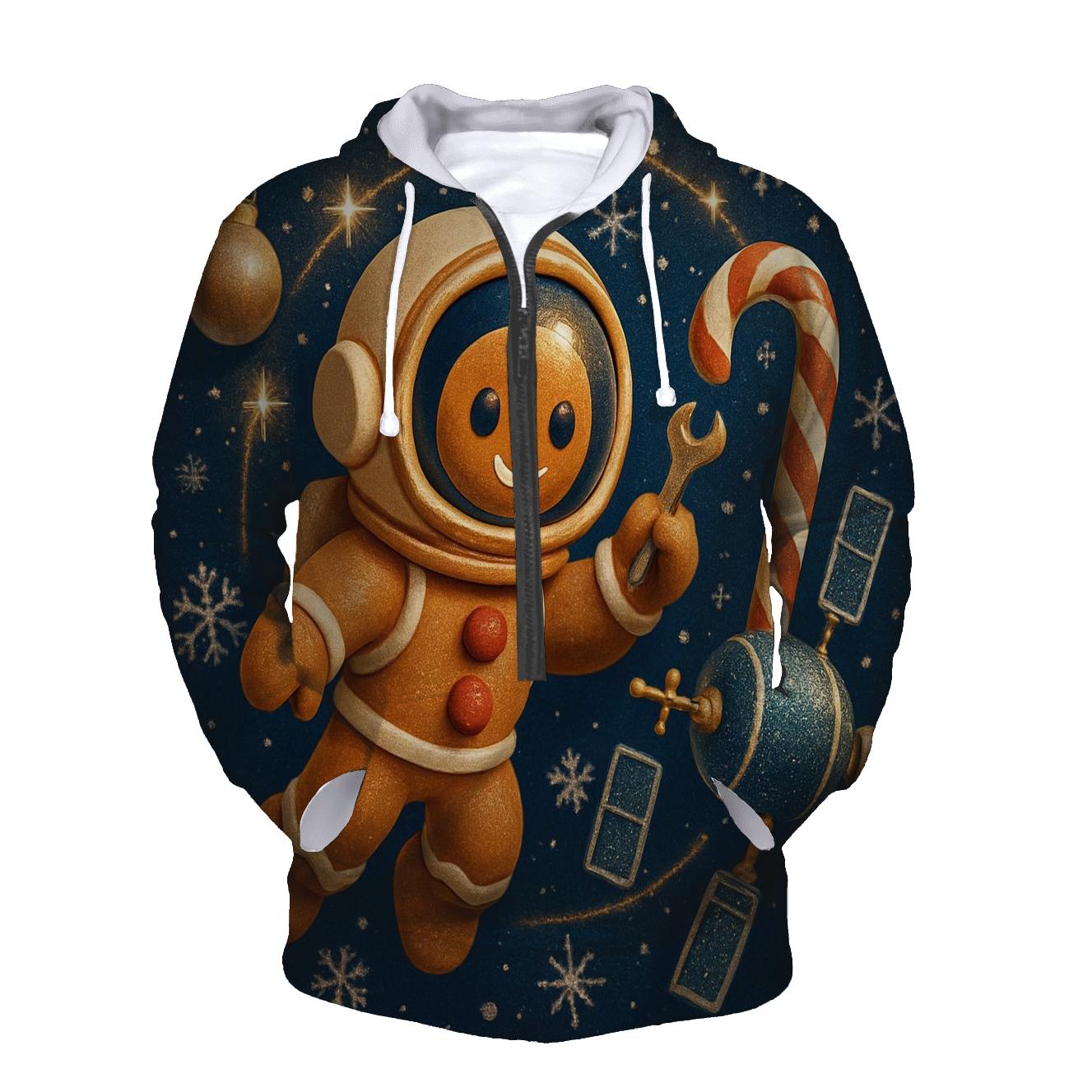 Gingerbread Astronaut Repairing A Candy Cane Satellite zip-up hoodies