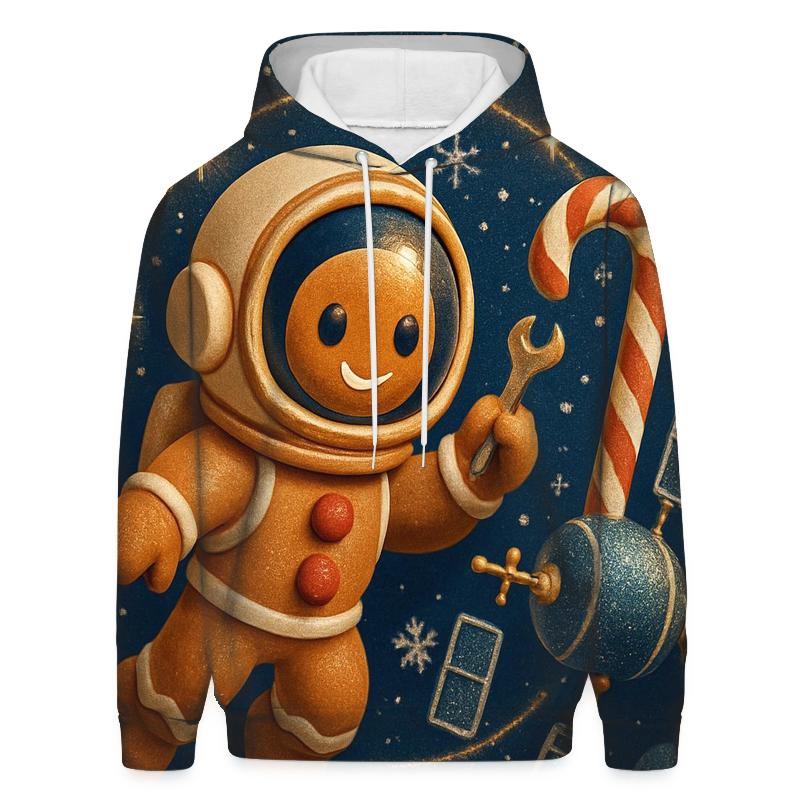 Gingerbread Astronaut Repairing A Candy Cane Satellite premium hoodies