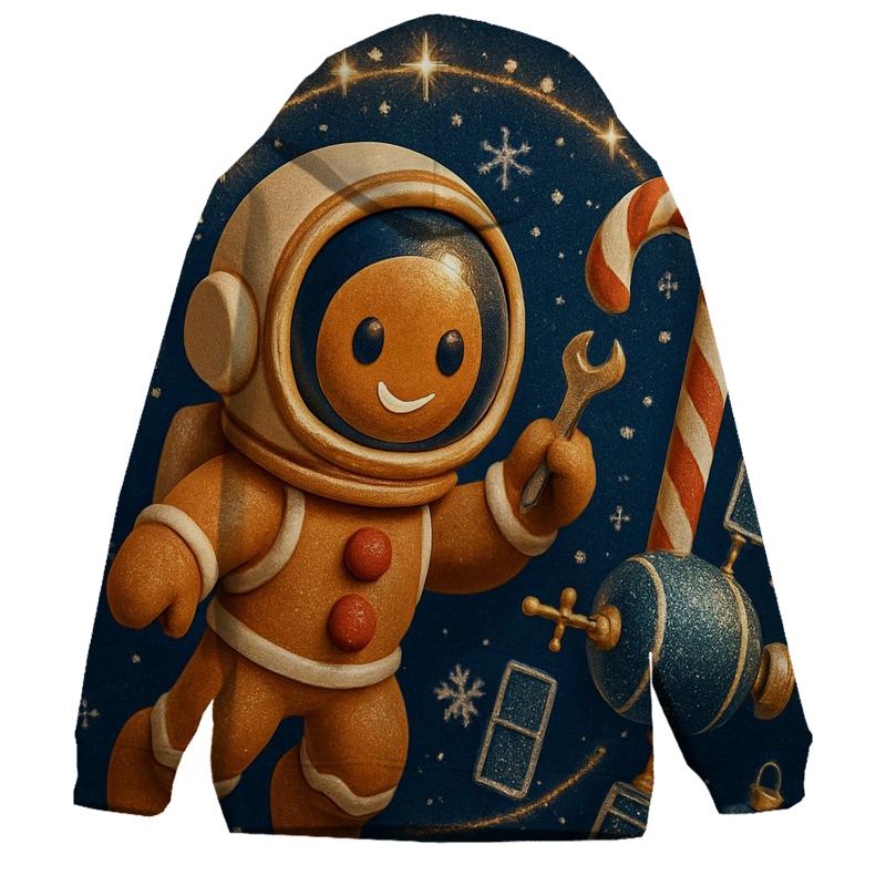 Gingerbread Astronaut Repairing A Candy Cane Satellite premium hoodies