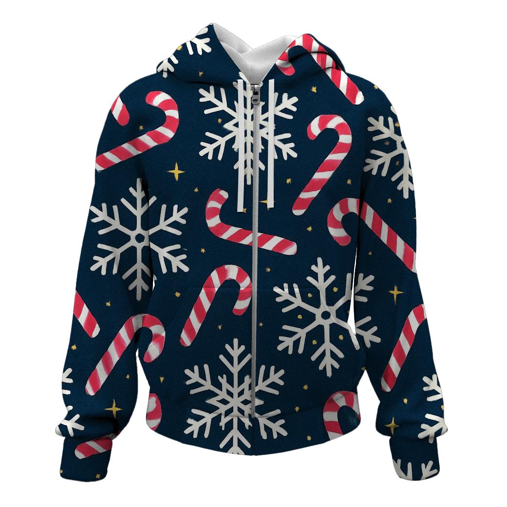 Crimson Candy Cane Snowflake Tessellation On Navy Background zip-up hoodies