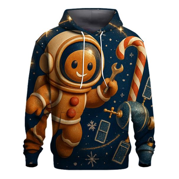 Gingerbread Astronaut Repairing A Candy Cane Satellite premium hoodies
