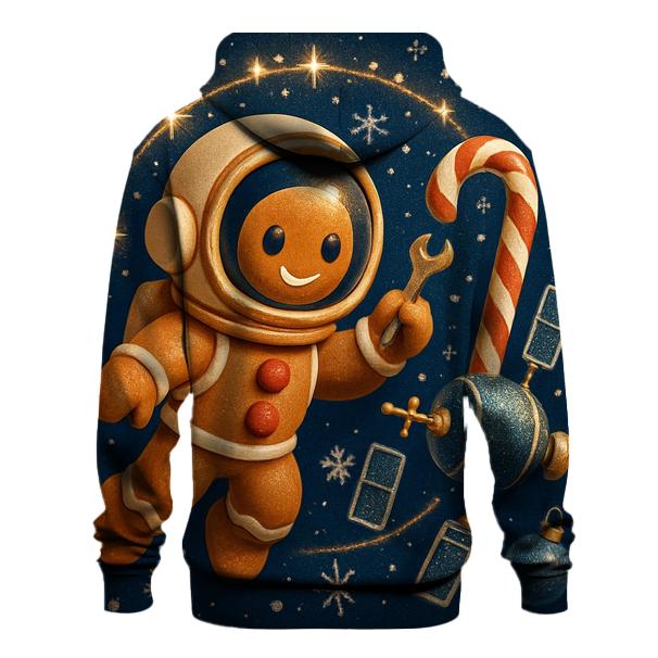 Gingerbread Astronaut Repairing A Candy Cane Satellite premium hoodies