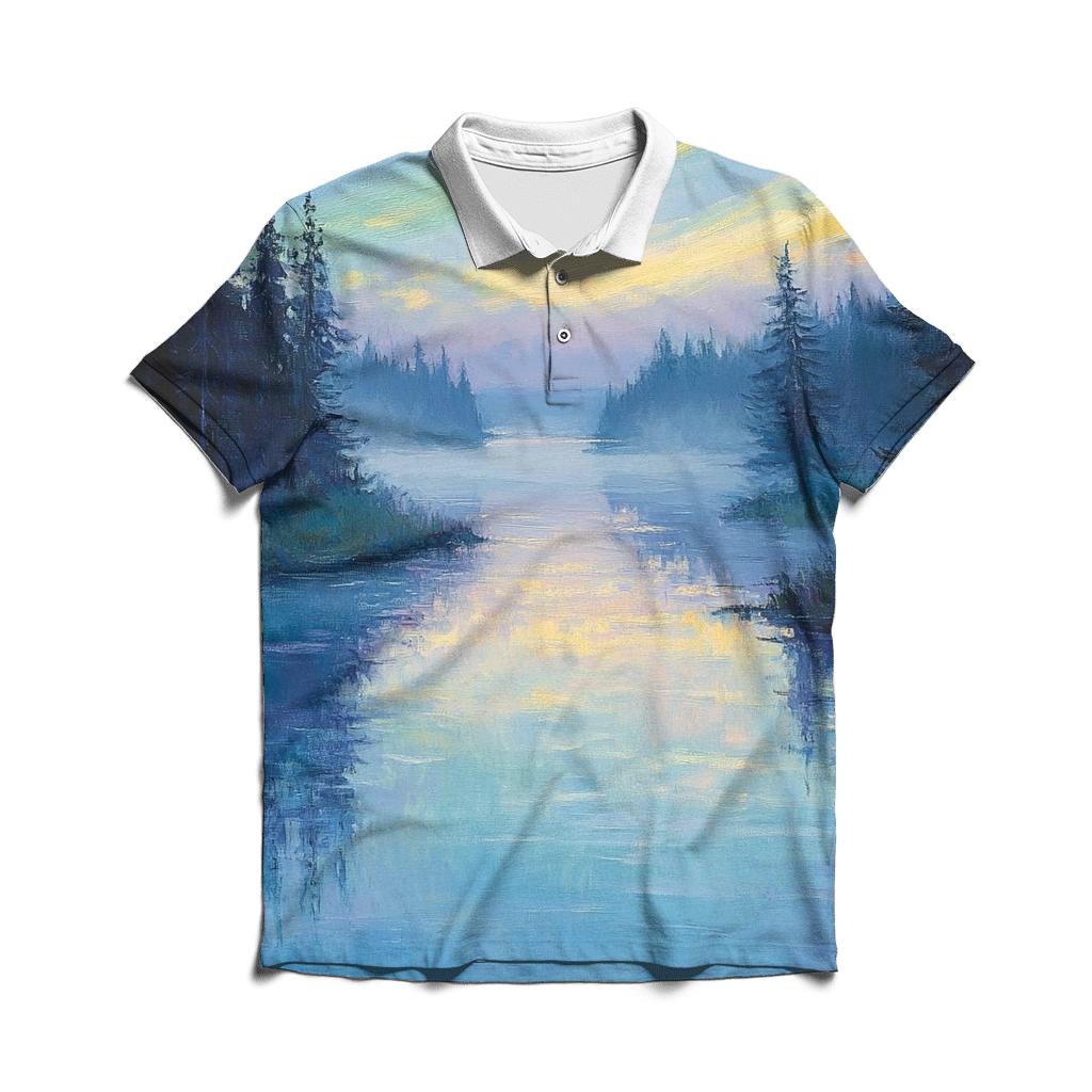 Claude Monet Inspired Aurora Over A Quiet River custom polo shirts