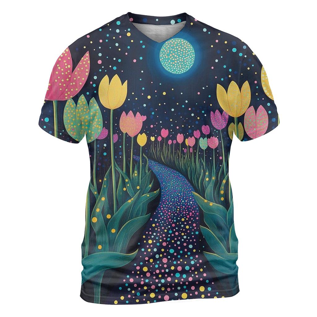 Yayoi Kusama Inspired Midnight Garden Of Tulips vibrant all-over design tees