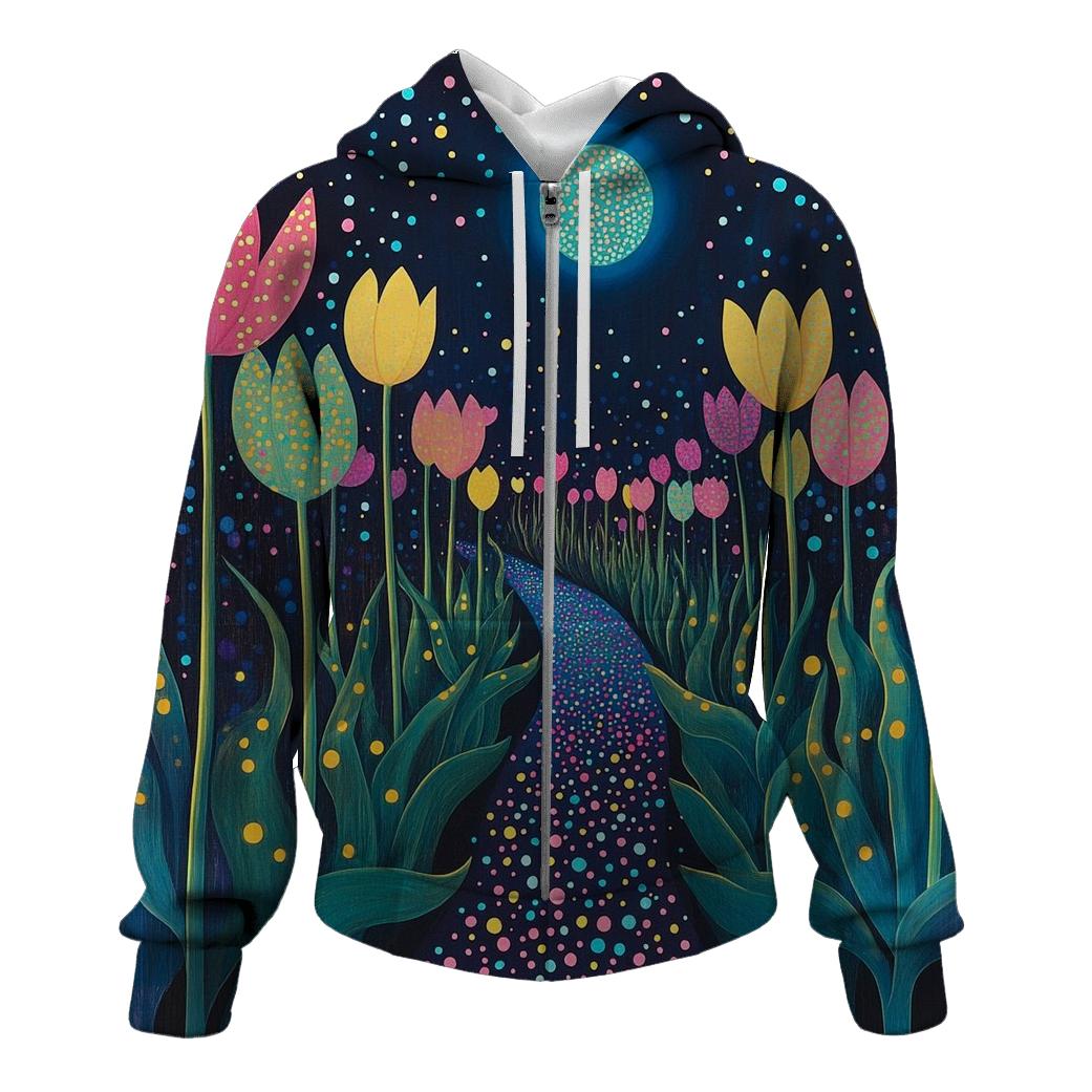 Yayoi Kusama Inspired Midnight Garden Of Tulips designer hoodies