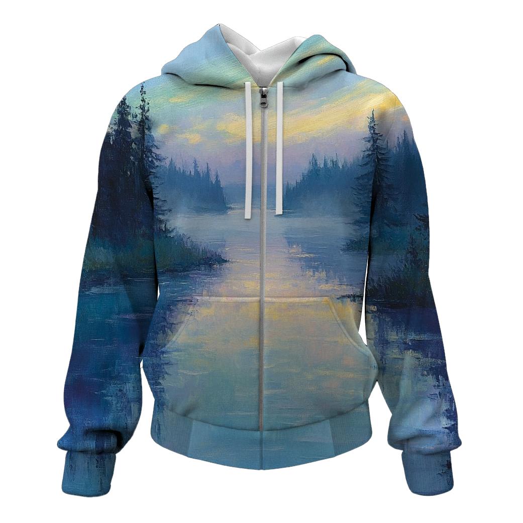Claude Monet Inspired Aurora Over A Quiet River embroidered hoodies