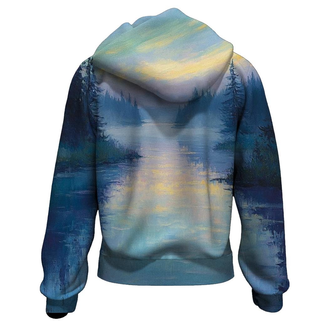Claude Monet Inspired Aurora Over A Quiet River embroidered hoodies