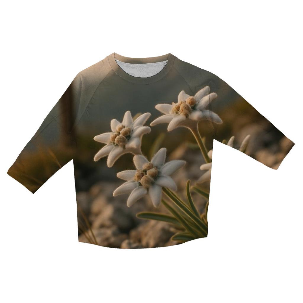 High Alpine Edelweiss Cluster Beside Weathered Trail Marker At Golden Hour fashion 3/4 sleeve shirts