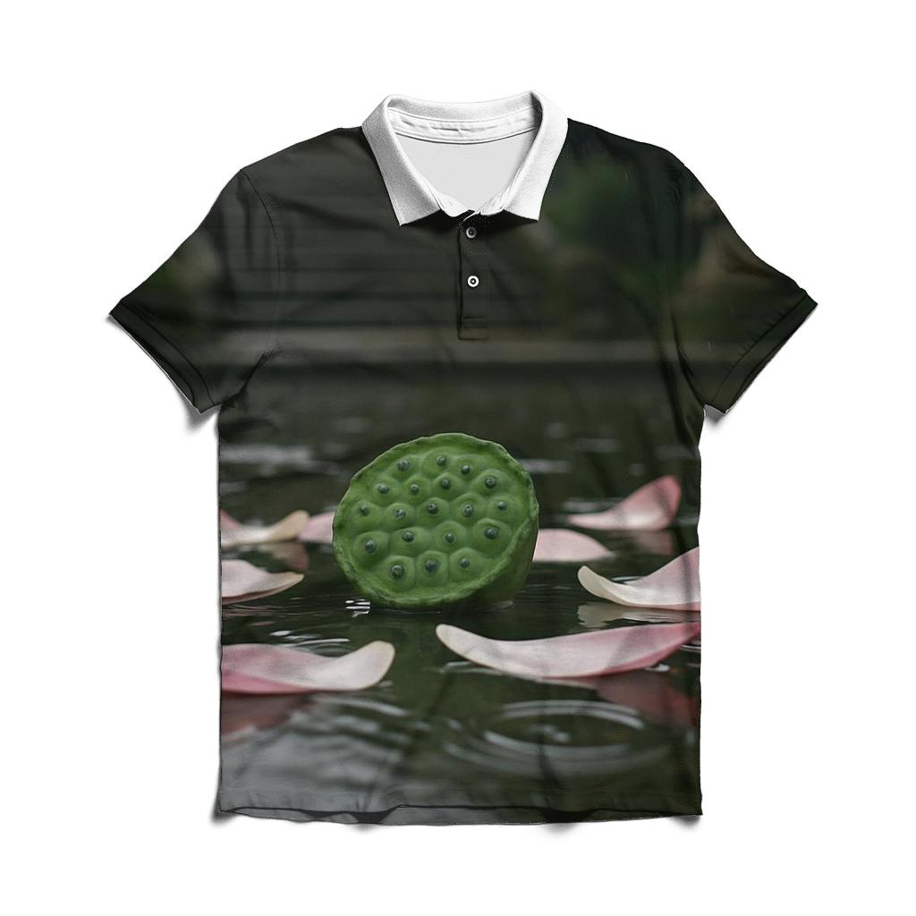 Lotus Seed Pod And Fallen Petals Floating On A Temple Pond After Rain premium cotton polo shirts
