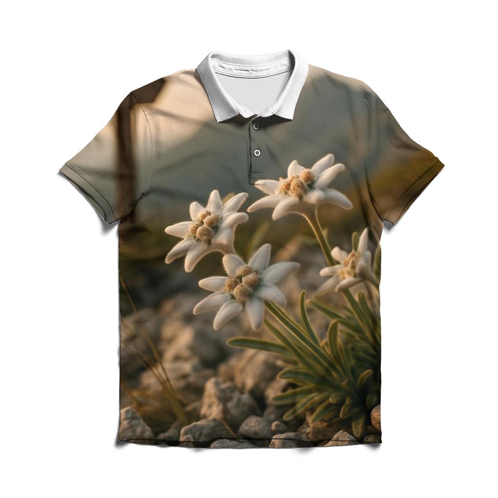 High Alpine Edelweiss Cluster Beside Weathered Trail Marker At Golden Hour premium cotton polo shirts