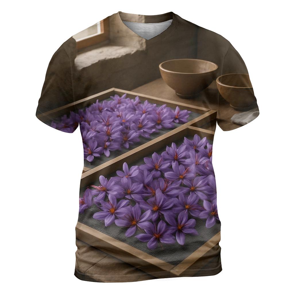 Saffron Crocus Harvest Trays Drying In A Stone Farmhouse Kitchen custom all-over print shirts