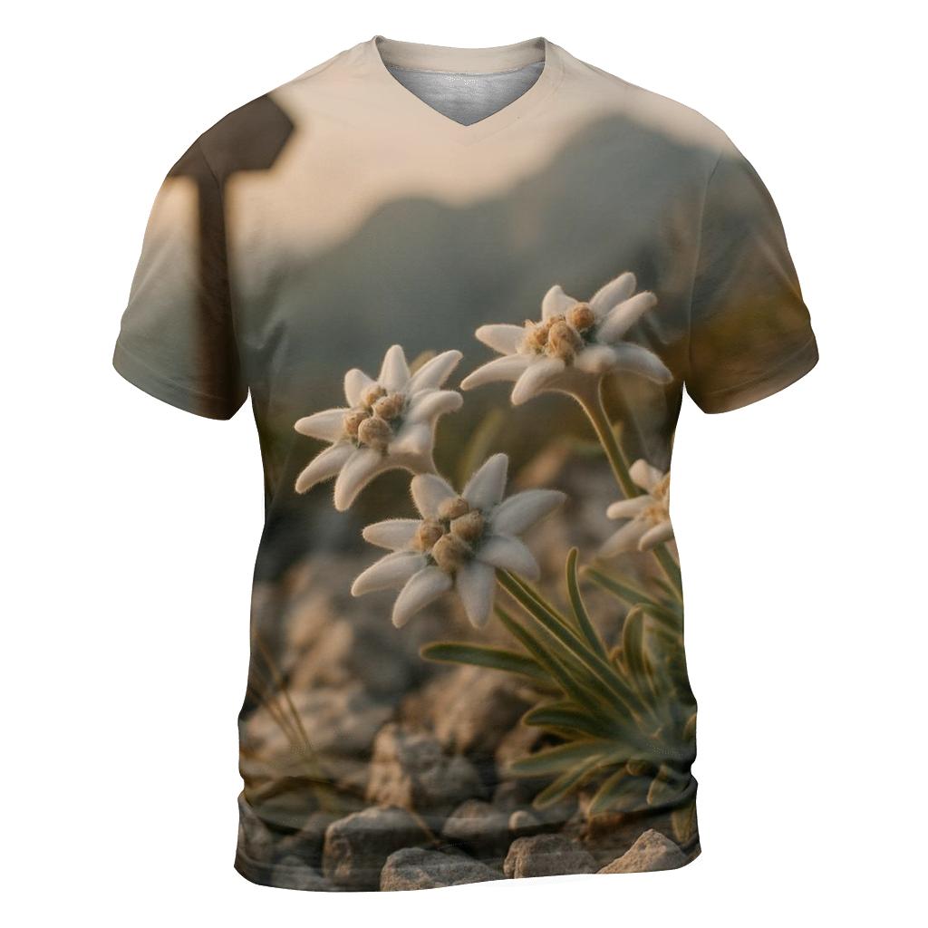 High Alpine Edelweiss Cluster Beside Weathered Trail Marker At Golden Hour designer pattern shirts