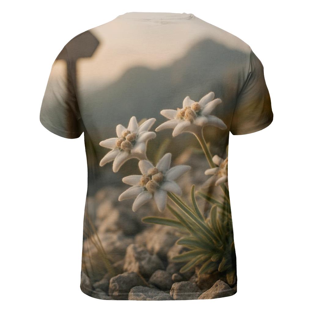 High Alpine Edelweiss Cluster Beside Weathered Trail Marker At Golden Hour designer pattern shirts
