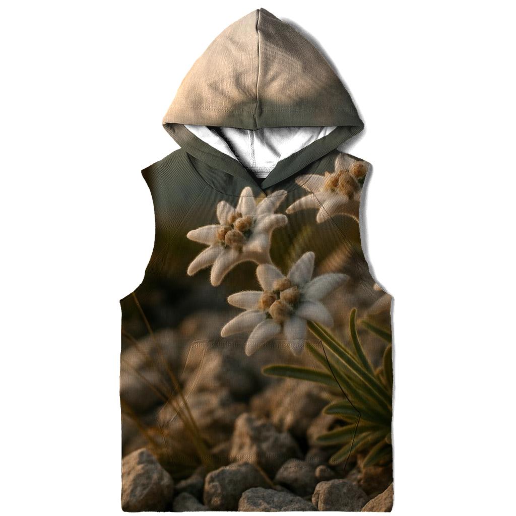 High Alpine Edelweiss Cluster Beside Weathered Trail Marker At Golden Hour hoodies fashion