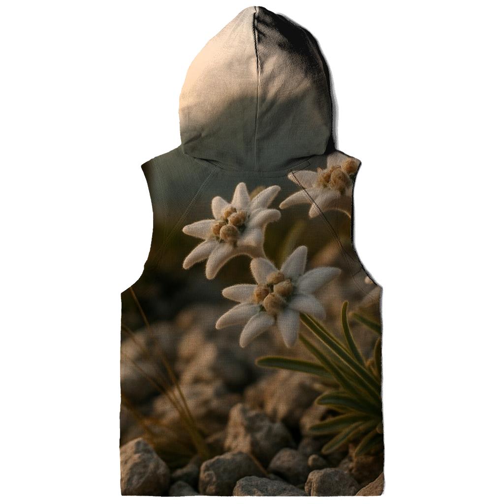 High Alpine Edelweiss Cluster Beside Weathered Trail Marker At Golden Hour hoodies fashion