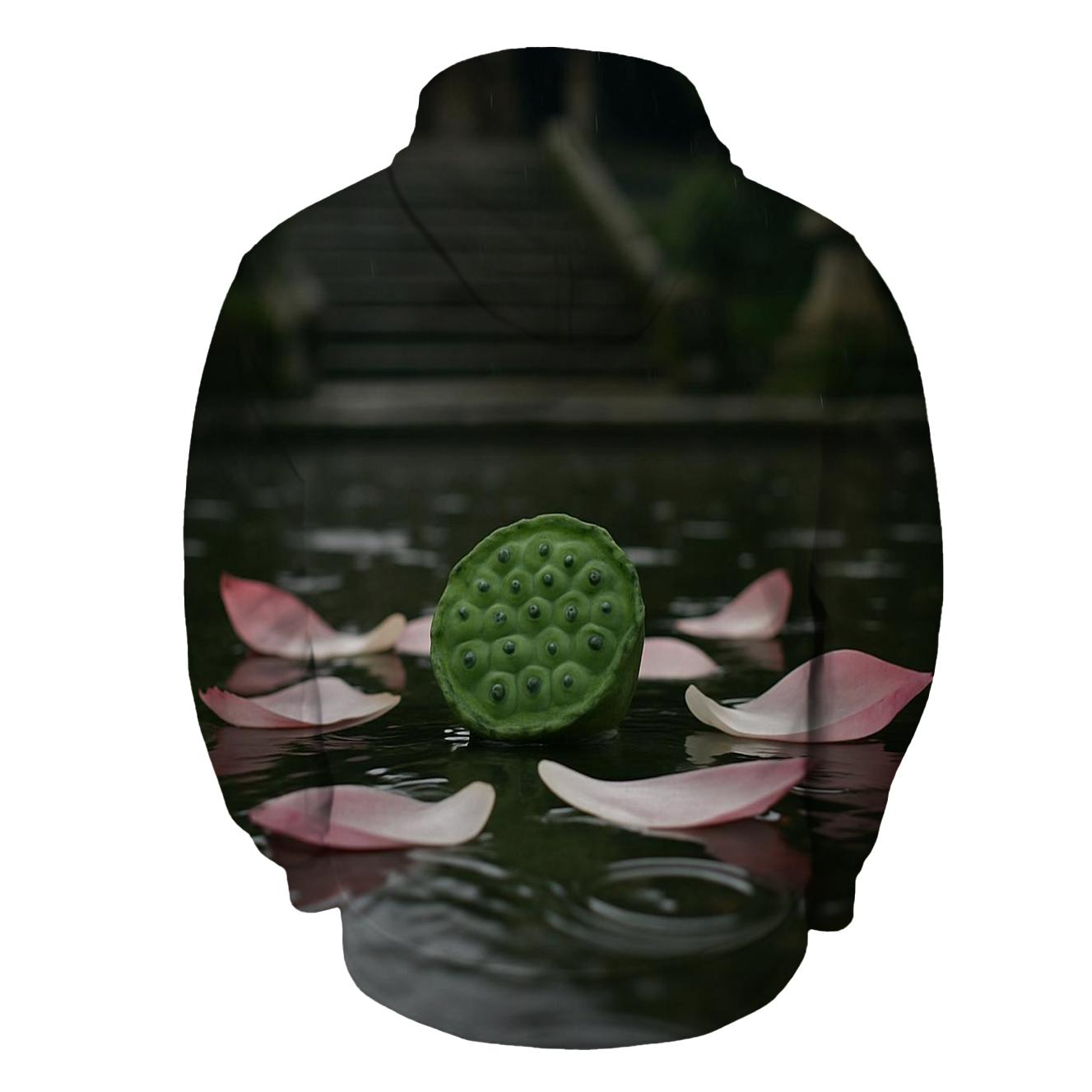 Lotus Seed Pod And Fallen Petals Floating On A Temple Pond After Rain lightweight hoodies