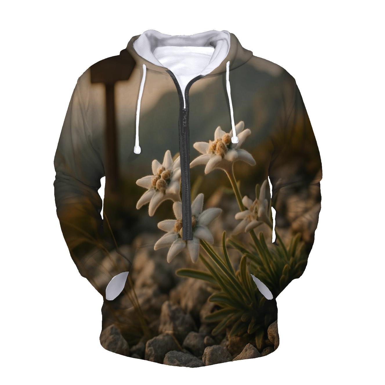 High Alpine Edelweiss Cluster Beside Weathered Trail Marker At Golden Hour premium hoodies