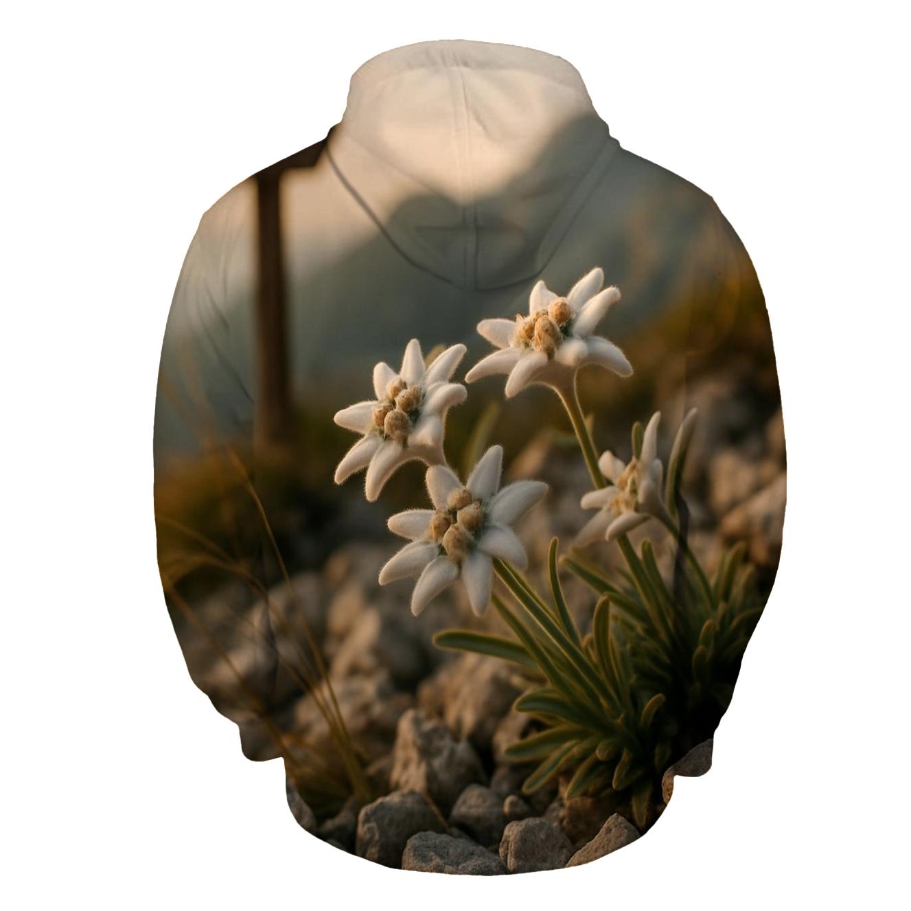 High Alpine Edelweiss Cluster Beside Weathered Trail Marker At Golden Hour premium hoodies