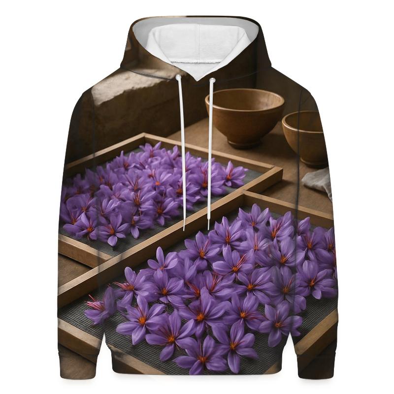 Saffron Crocus Harvest Trays Drying In A Stone Farmhouse Kitchen pullover hoodies