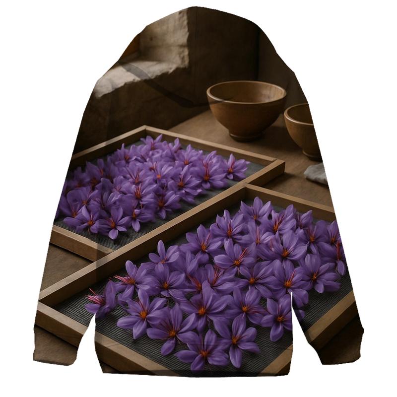 Saffron Crocus Harvest Trays Drying In A Stone Farmhouse Kitchen pullover hoodies