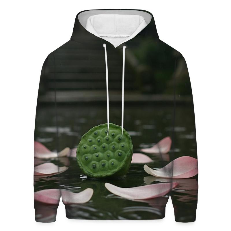 Lotus Seed Pod And Fallen Petals Floating On A Temple Pond After Rain graphic hoodies