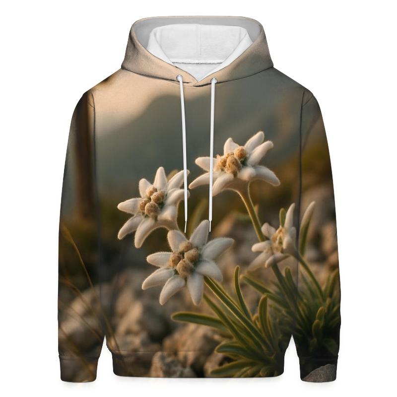 High Alpine Edelweiss Cluster Beside Weathered Trail Marker At Golden Hour lightweight hoodies