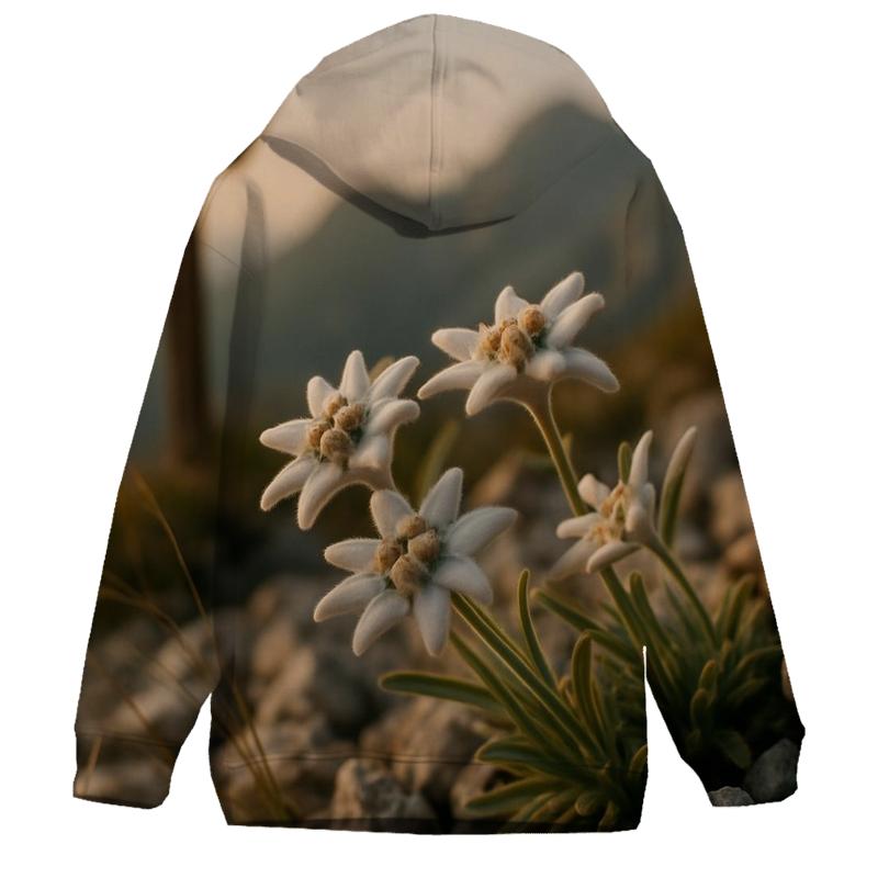 High Alpine Edelweiss Cluster Beside Weathered Trail Marker At Golden Hour lightweight hoodies