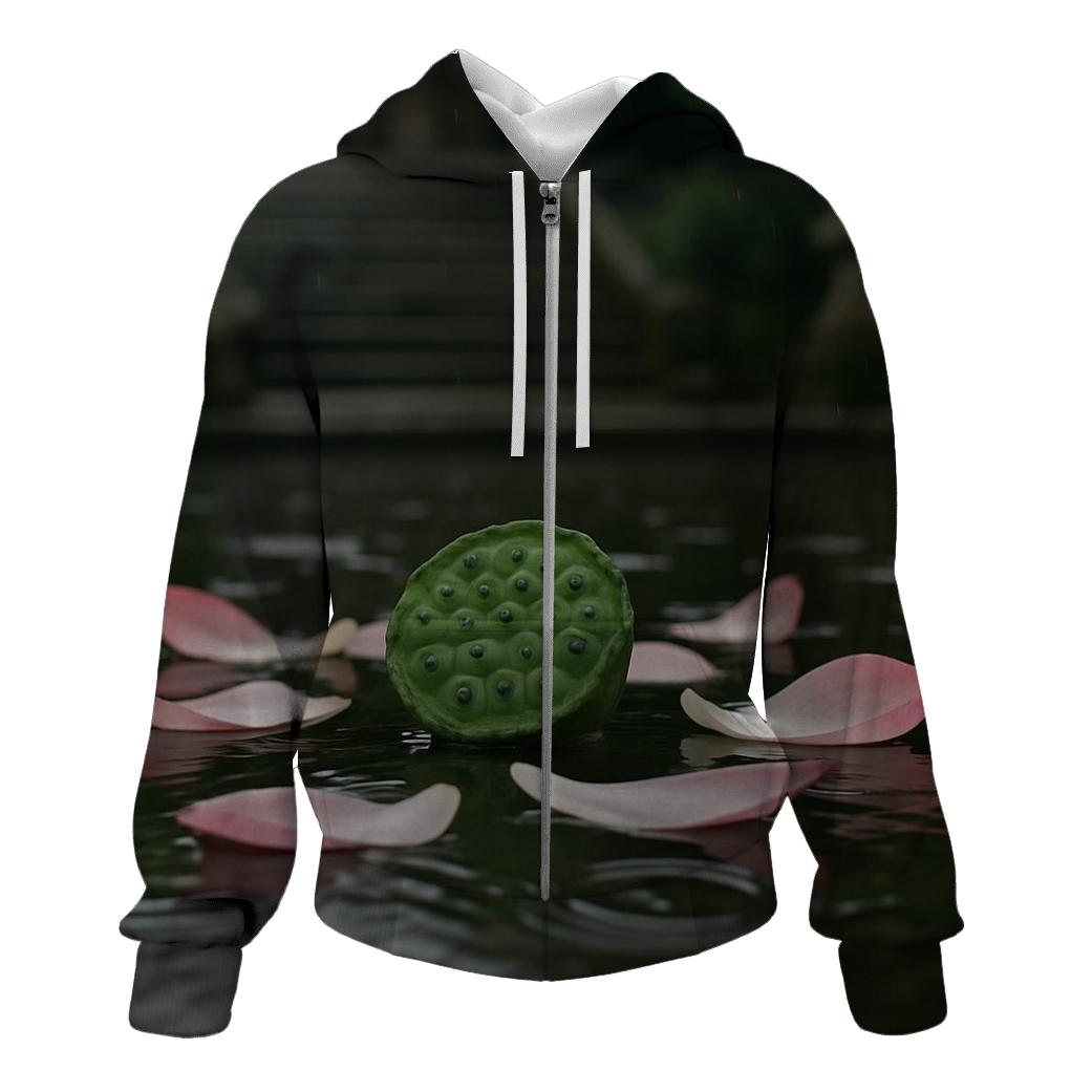 Lotus Seed Pod And Fallen Petals Floating On A Temple Pond After Rain pullover hoodies
