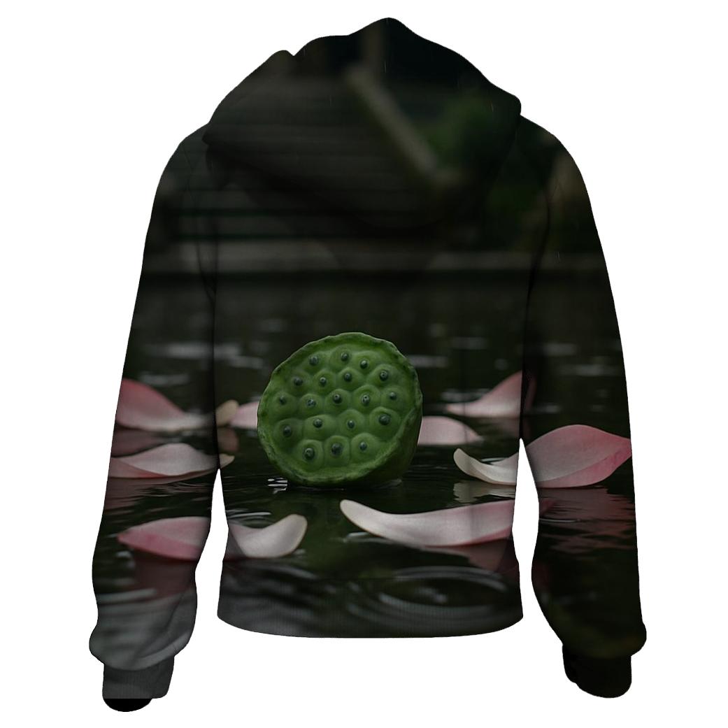 Lotus Seed Pod And Fallen Petals Floating On A Temple Pond After Rain pullover hoodies