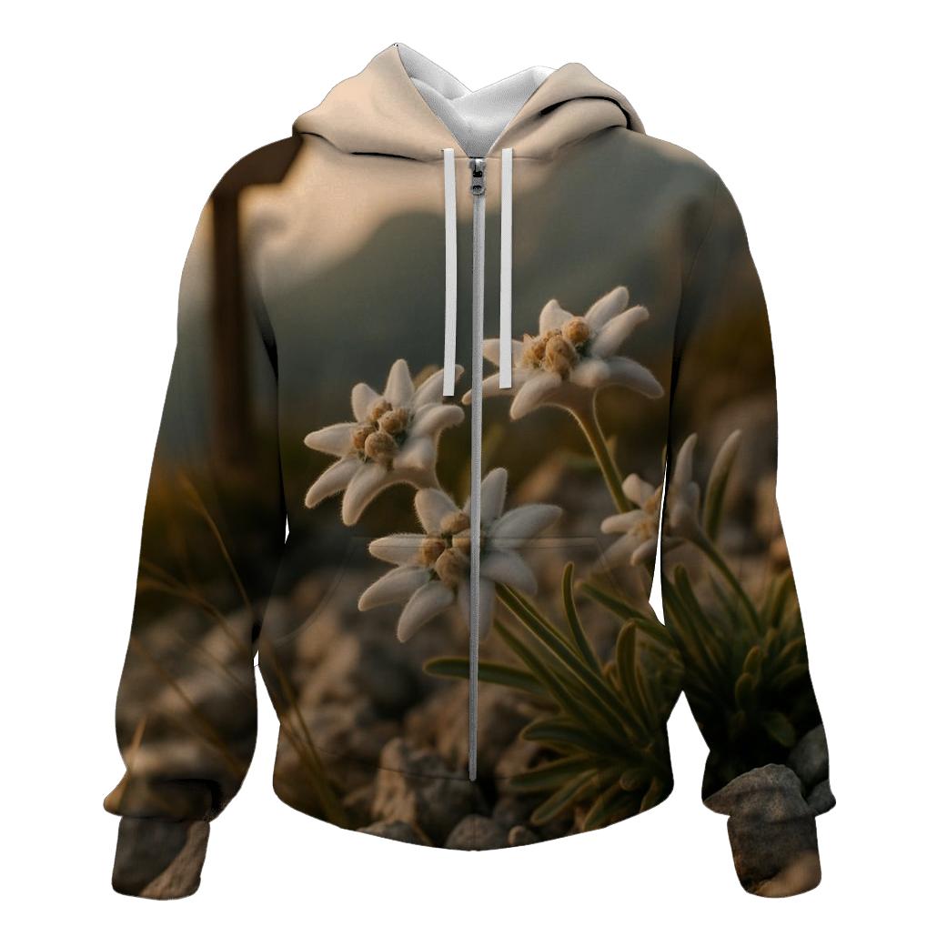 High Alpine Edelweiss Cluster Beside Weathered Trail Marker At Golden Hour designer hoodies