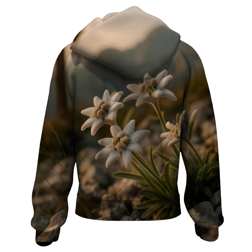 High Alpine Edelweiss Cluster Beside Weathered Trail Marker At Golden Hour designer hoodies