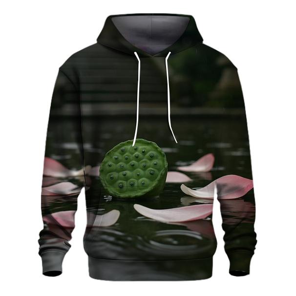 Lotus Seed Pod And Fallen Petals Floating On A Temple Pond After Rain pullover hoodies