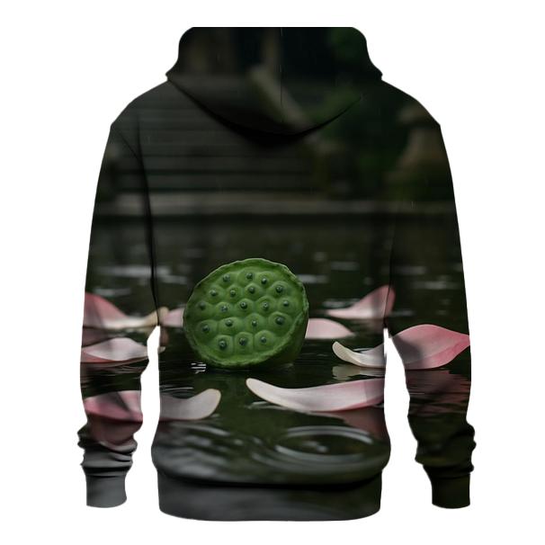 Lotus Seed Pod And Fallen Petals Floating On A Temple Pond After Rain pullover hoodies