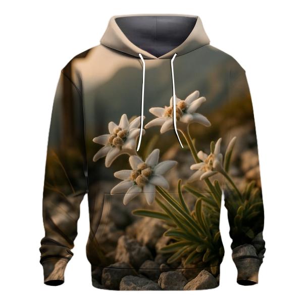 High Alpine Edelweiss Cluster Beside Weathered Trail Marker At Golden Hour zip-up hoodies