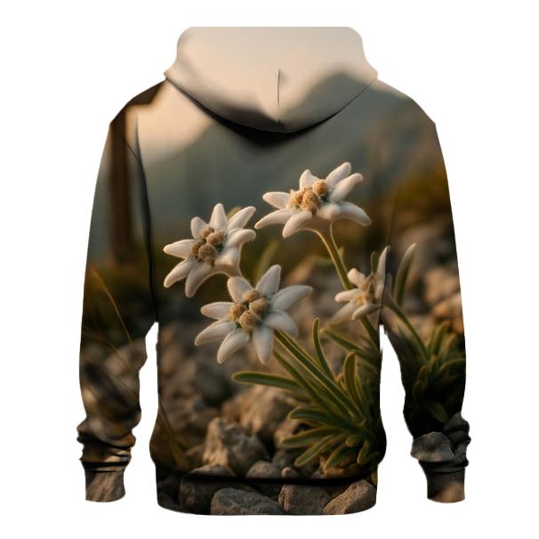 High Alpine Edelweiss Cluster Beside Weathered Trail Marker At Golden Hour zip-up hoodies
