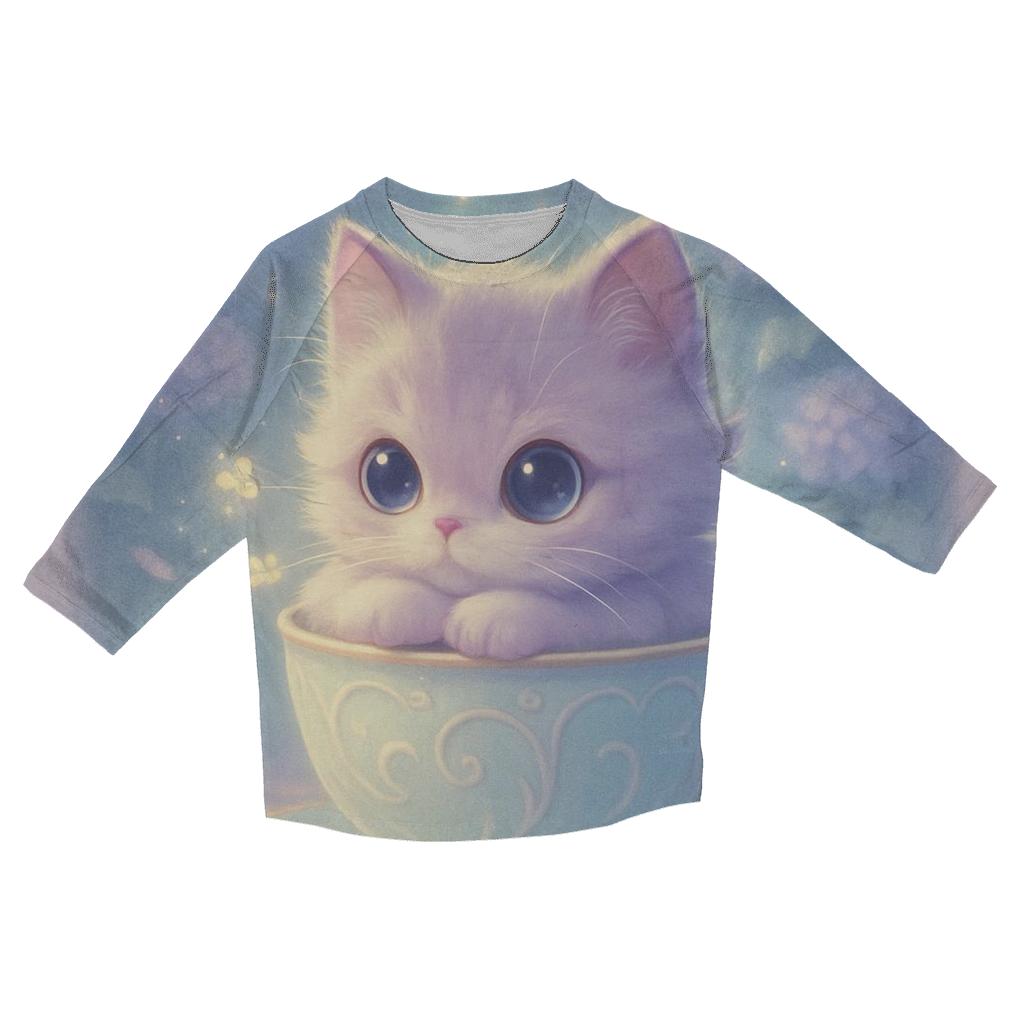 Moonlit Teacup Kitten Reverie printed three quarter sleeve shirts