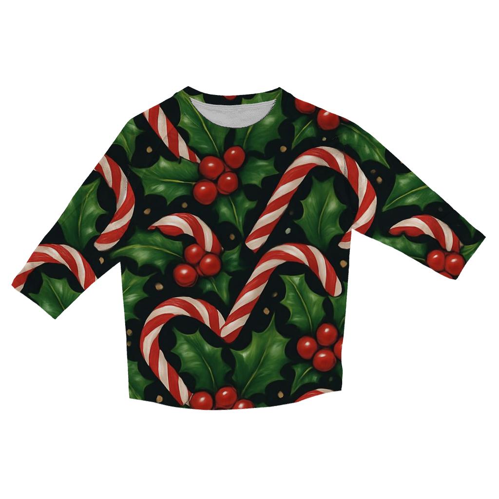 Holly And Candy Cane Interlock Tessellation On Midnight Black Background printed three quarter sleeve shirts