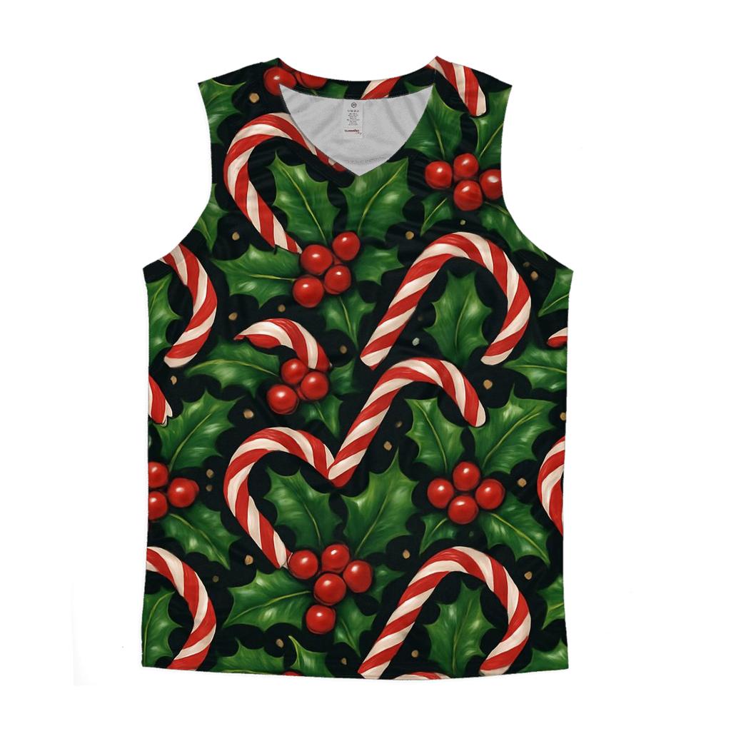 Holly And Candy Cane Interlock Tessellation On Midnight Black Background custom tank tops