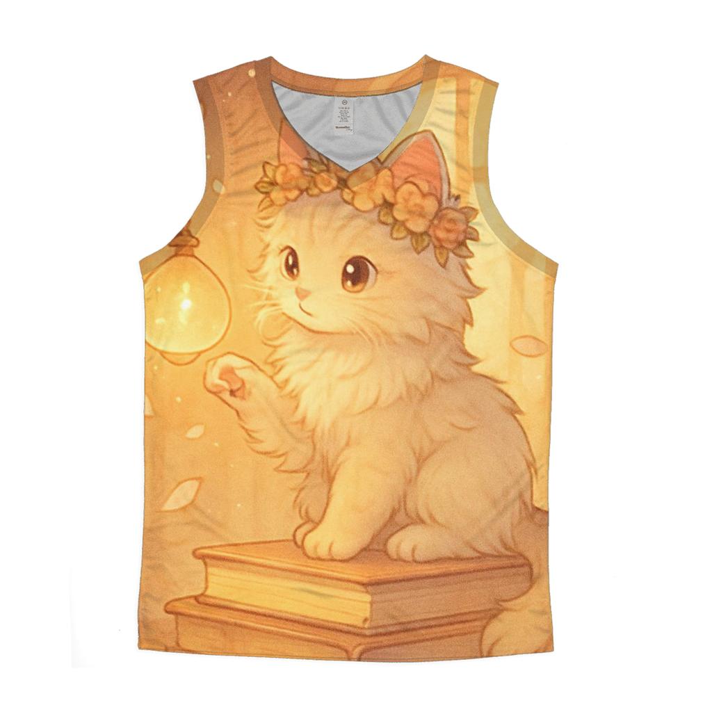 Sunrise Library Cat With Floating Lantern Orbs graphic print tank tops