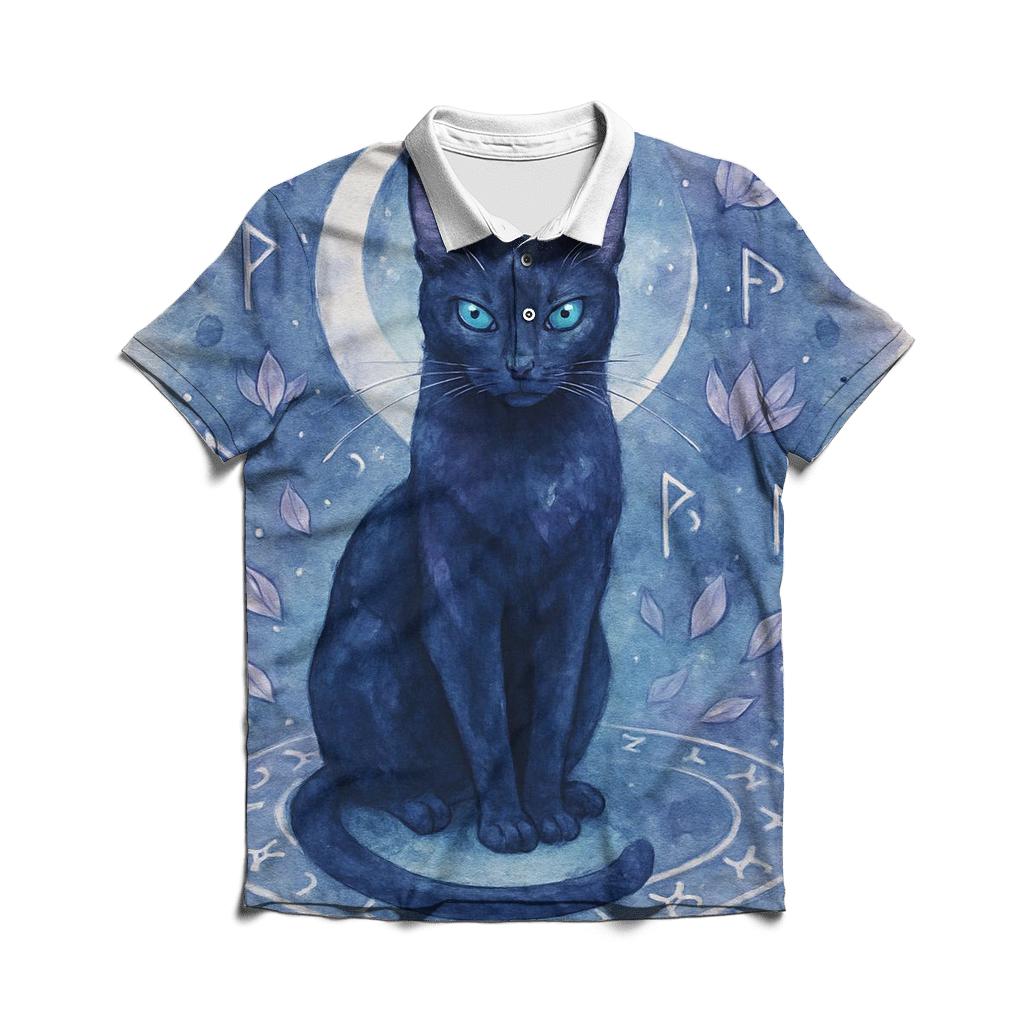 Moonlit Rune Guardian Cat embroidered polo tops