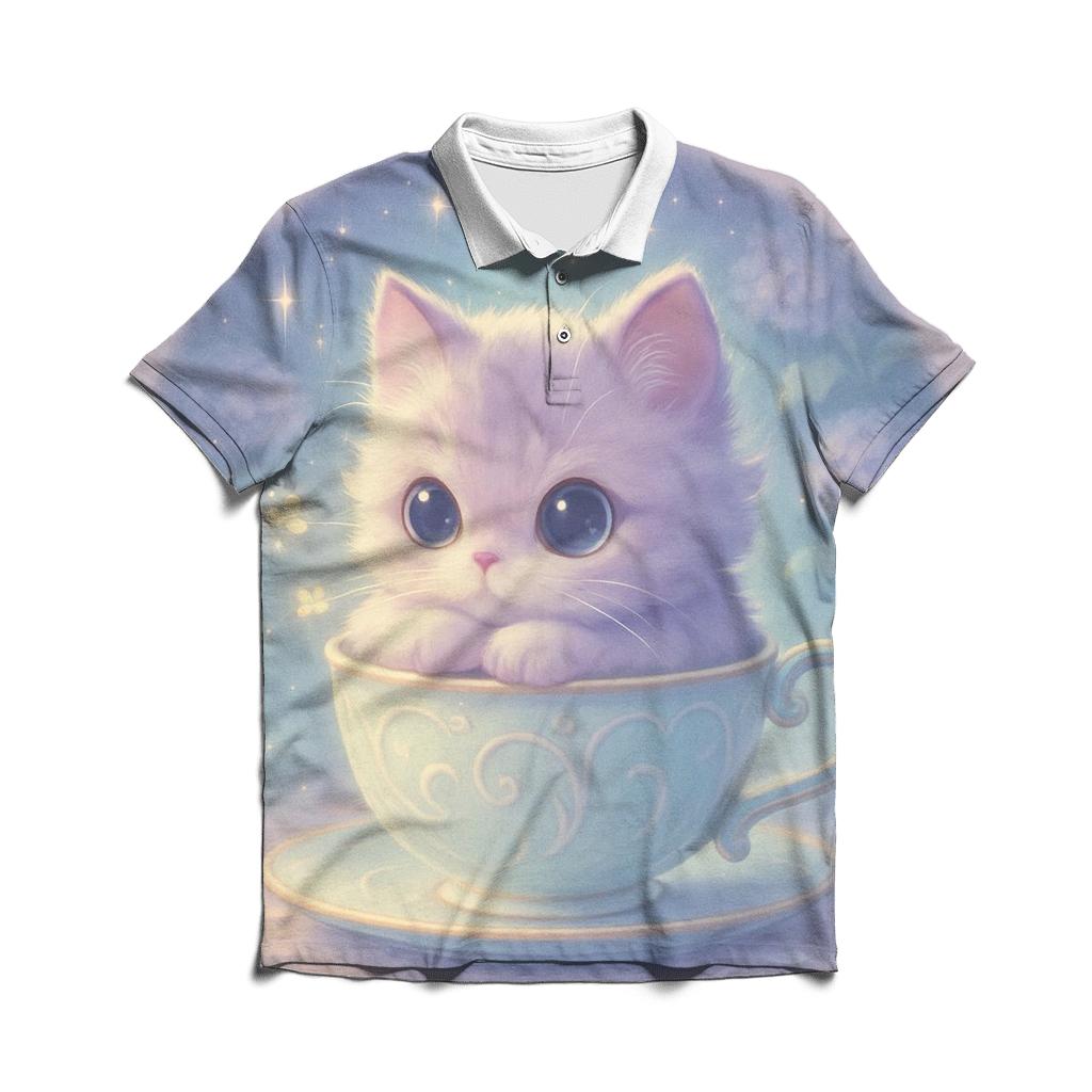 Moonlit Teacup Kitten Reverie embroidered polo tops